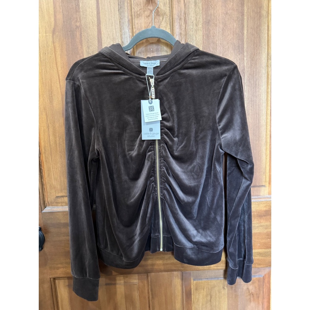 NWT Cable & Gauge Studio Brown Velour Ruched Zip Hoodie Rhinestone Accent Size M - Picture 7 of 8